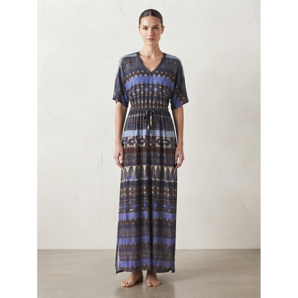 Alexis Women Maxi Dress Small Blue Southwestern Drawstring Waist V-Neck Slit